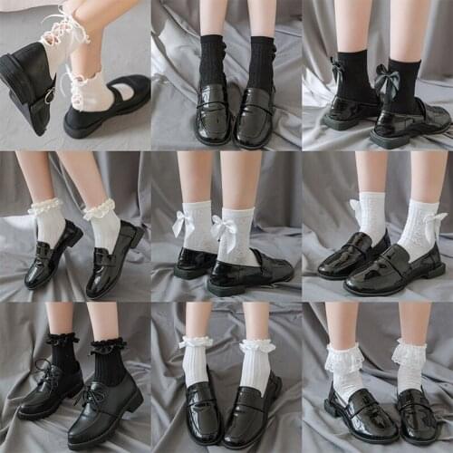 Cotton Socks Cute Lace Bow Tie Japanese Lolita Style Womens Cotton Socks Fashion Black And White Harajuku Females Socks