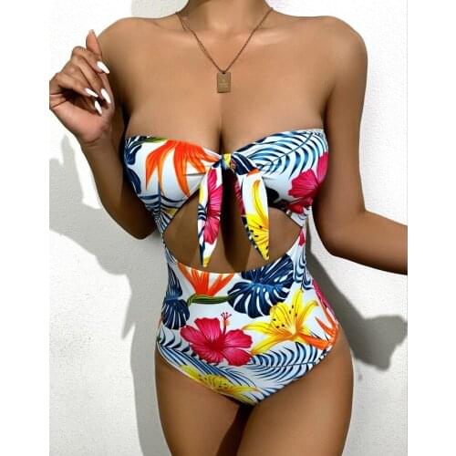 2021 Women One Piece Swimsuit Sexy Brazilian Swimwear Floral Print Monokini Bow Bathing Suit Cut Out Beachwear for Girls Hot New