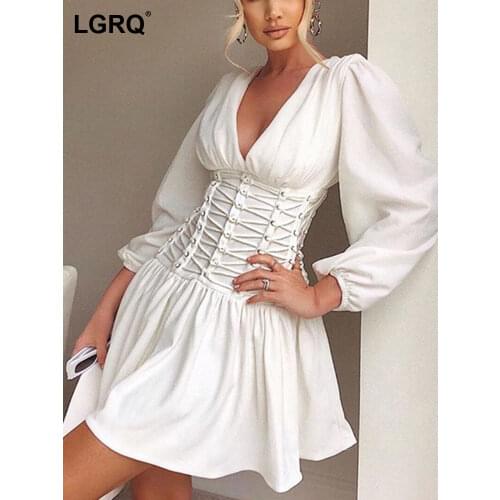 [LGRQ] Women Lantern Sleeve Bandage Sexy Slim Ruffles Dress New Arrival V-Neck Fit Fashion Tide Autumn Winter 2021 19D2796
