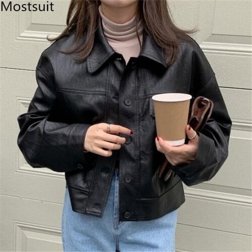 Pu Leather Women Coat 2021 Autumn Full Sleeve Single Breasted Turn-down Collar Jacekt Korean Cool Girl Fashion Tops Coats