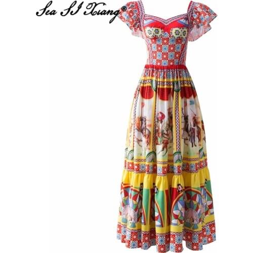 Seasixiang Fashion Designer Summer Dress Women Square Collar Butterfly Sleeve Backless Floral Print Indie Folk Midi Dresses