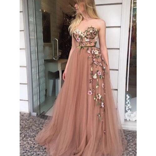 Flesh Pink Appliqus Prom Dresses Elegant robe de soirée de mariage Party Night Long Tulle Sexy 2021Evening Dresses