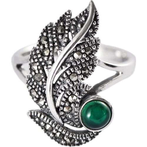 BOCAI New 100% Real s925 Silver Vintage Palace Leaf Feather Ring For Woman Ethnic Green Agate 2021 Fashion Woman Ring