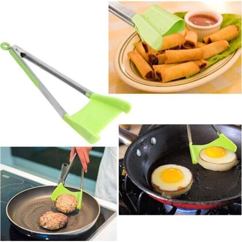 2 in 1 Kitchen Spatula and Tongs Non-Stick Heat Resistant Stainless Steel Food Clip Frame Silicone Tongs Kitchen Tools Gadget