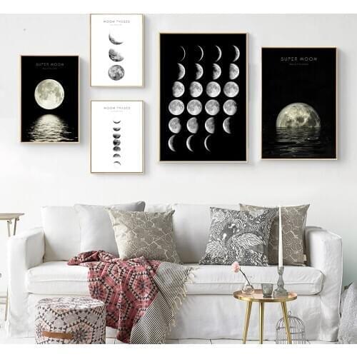 Abstract Minimalist Black and White Canvas Wall Art Moon Phase Decor Posters & Prints Nordic Pictures Modern Painting