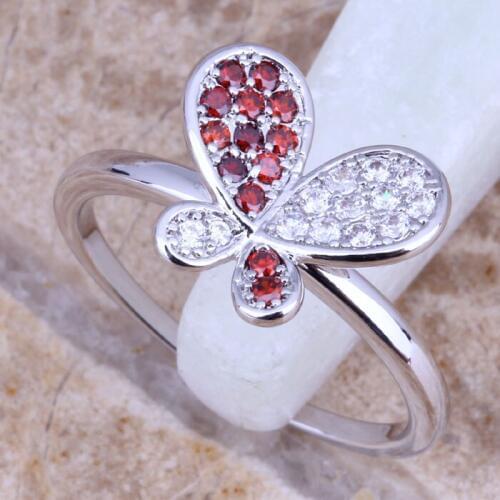 Glittering Red Garnet White CZ Silver Plated Butterfly Ring Size 6 / 7 / 8 / 9 E543