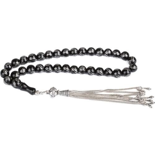 Natural Jet Stone Prayer Bead With Silver Tassel Men Rosary Islamic Tasbih Made in Turkey 925 Sterling Silver