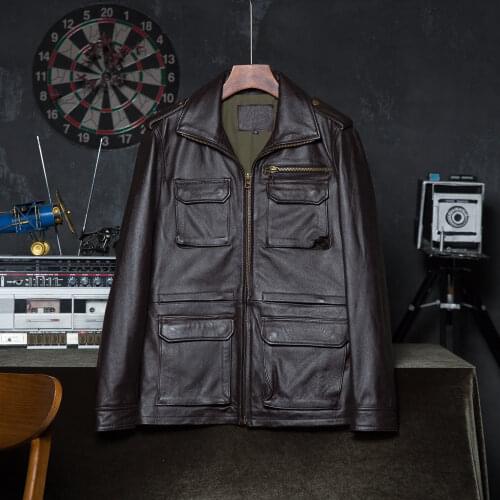 Long Men Leather Jacket Military M65 Clothing 100% Cowhide Skin Coat Man Winter Clothing Asian Size M-6XL Wolesale Drop Shipping