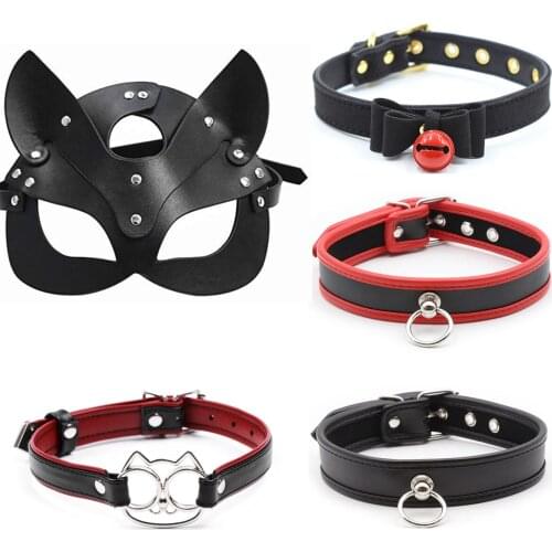 Erotic Adult Games Sex Toys Porn Cat Women Sex Mask and Collar Cosplay Face Cat Leather SM Halloween Masquerade Party Mask