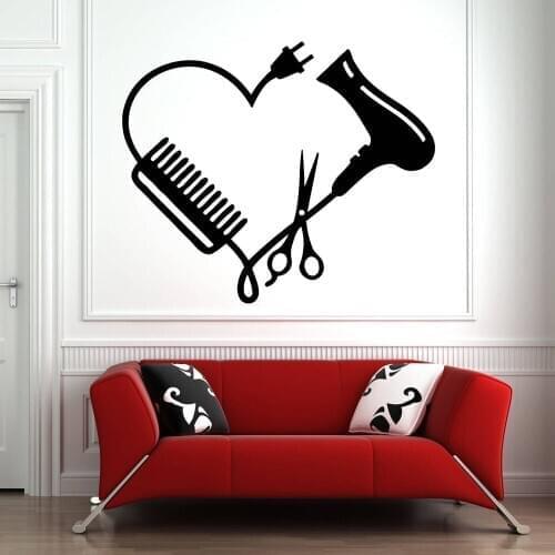 Hair Dryer Wall Decals Hair Salon Window Decor Scissors Comb Vinyl Wall Stickers Love Heart Pattern Beauty Salon Wall Art Decal