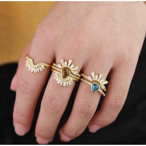 2021 Women Jewelry Ring Set Of 3 Pcs Blue Coffee Color Baguette Cz Tear Drop Delicate Women Ladies Trendy Geometric Cute Rings