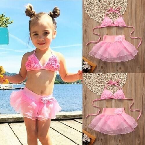 Toddler Kids Baby Girls Solid Lace Floral Halter Tankini Bikini Swimwear Swimsuit Bathing Suit Beachwear