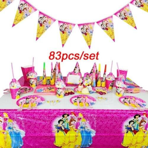 Disney Six Princess Belle Theme Design 83Pcs/Lot Disposable Tableware Sets Girls Birthday Party Theme Party Decoration Supply