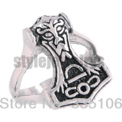 Norse Viking Myth Thor Hammer Ring Stainless Steel Jewelry Classic Tribal Wolf Biker Men Ring Wholesale SWR0074A