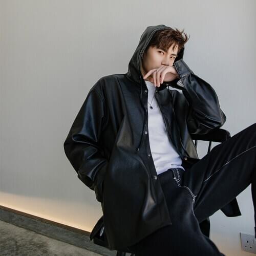 New Mens Black Faux Leather Jacket Loose Style Hooded Coat Single Breasted Boys Coats Outwear D45