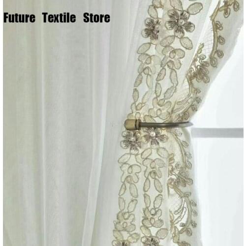 New French Style Beautiful Beads Drape Good Bright Gold Silk Velvet Embroidery Curtains Living Room Bedroom Finished Custom
