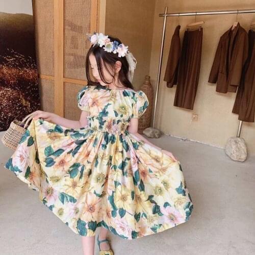 Retail New Baby Girls Fairy High Quality Yellow Printed Dress , Girls Princess Sweet Flower Clothes 4-9T