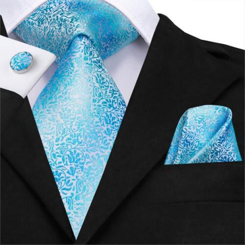 Hi-Tie New Men Tie set Silk Tie High Quality Handkerchiefs Cufflinks Set Fashion Wedding Pocket Square Blue Floral TIe