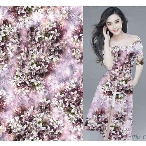 Telas fashion 97% Mulberr Silk satin spandex fabric For Dress japan Cloth smooth cloth 3d printed lily floral fabric special