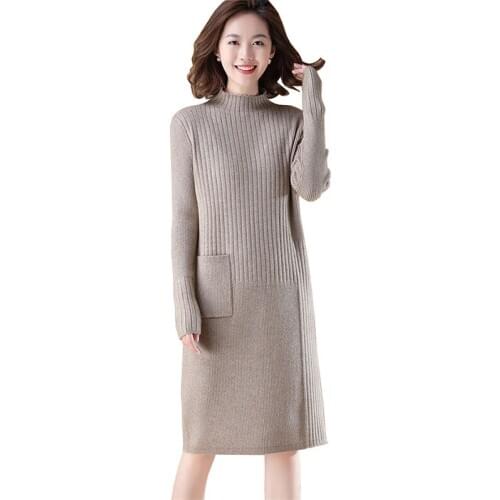 2020 Spring Autumn Womens Knit Dress Long sleeve Bottoming Sweater Dress Female Elasticity Pullover Loose Straight Dresses 3359