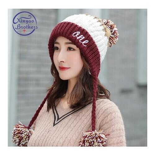 2019 New Winter Matching Color Hats For Lady Cotton Thicken Warm Knitted Ears Beanie Pompom Cap