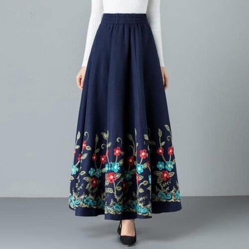 Lady High Waist Casual Wool Office Mom Elegant Embroidered Maxi Pleated Skirt Women Plus Size Winter Warm Woolen Long Skirt