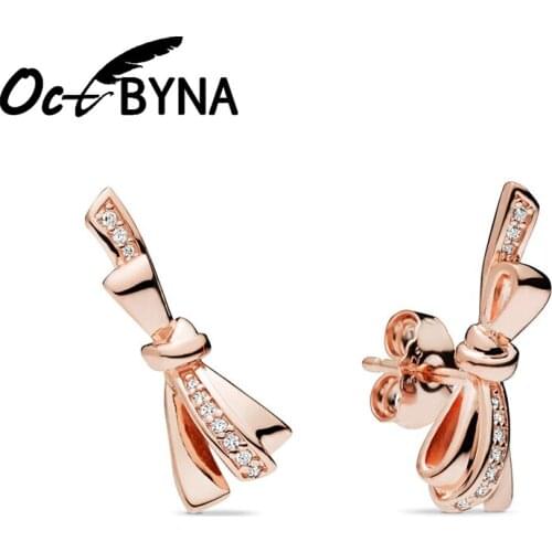 Octbyna High Quality Rose Gold Ornate Bow Zircon Stud Earring For Women Girl Fashion Brand Earrings Jewelry Dropshipping
