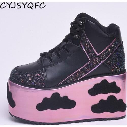 CYJSYQFC Women Flat Platform Shoes Wedge Bling Bling Spice Lady Shoes Sky Cloud Platform Sneakers Lace Up High Heel Casual Boots