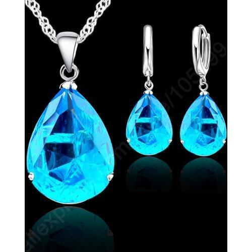 Fashion Crystal Water Drop Brand Jewelry Sets 925 Sterling Silver Pendant Necklace+Earring Set for women Wedding Party