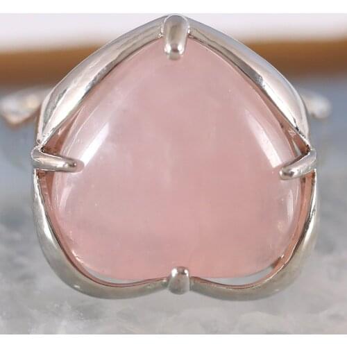Finger Ring For Woman Natural Stone Gem Heart Beaded Ring Pink Crystal Quartz Resizable Ring Jewelry Gift 1Pcs Z412