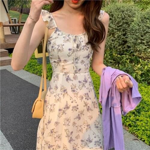 2021 Summer Elegant Vintage Midi Dress Women Casual Beach Party One Piece Dress Korean Sleeveless Floral Strap Dress Female Chic