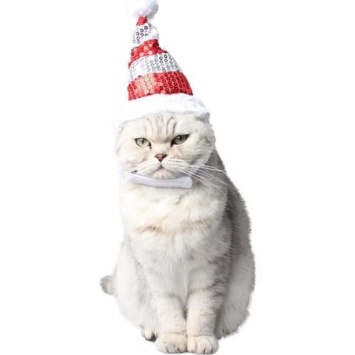 1pc Fluffy Red White Stripe Glitter Christmas Cap Pet Cat Dog Puppy Pet Hat + Elastic Band or Magic Sticker New Year Party Decor