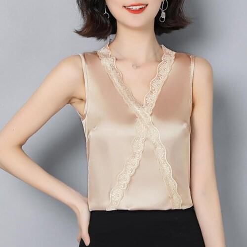 2021 Sexy V-neck Tank Top Vest Female Inside Take Outside Wearing Satin Patchwork Lace white Black Slim plus size 3xl white blac