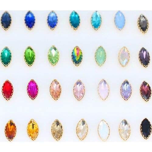 24 ColorAll Size Sew On Horse Eye shape glass crystal lacy claw rhinestone Golden base sew on stone for Diy/Clothing Accessories