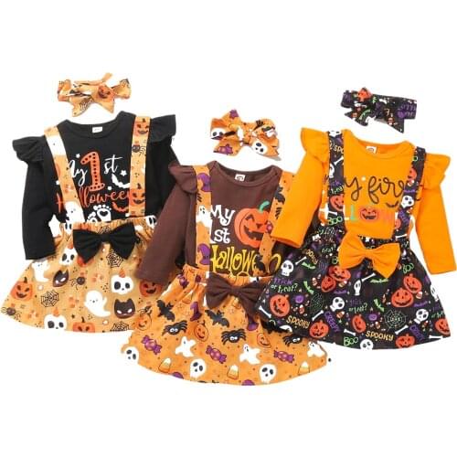 0-18M Newborn Baby Girl 3Pcs Set Cute Halloween Party Clothing Print Long Sleeve Romper Suspender Skirt Headband Toddler Outfits