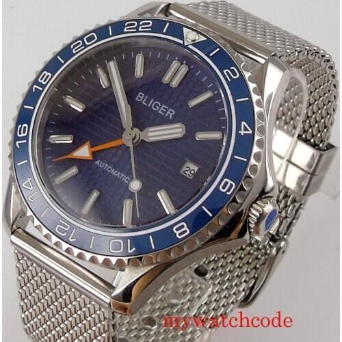 41mm BLIGER GMT Mechanical Automatic Mens Watch Sapphire Glass Auto Date Ceramic Bezel Blue Dial