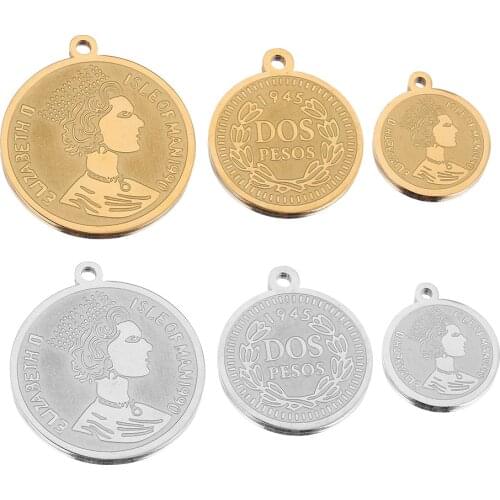5pcs/lot Gold Stainless Steel Charm Pendants Lock Medal Coin Charms Queen Connectors Diy Necklace Bracelet Jewelry Making Crafts