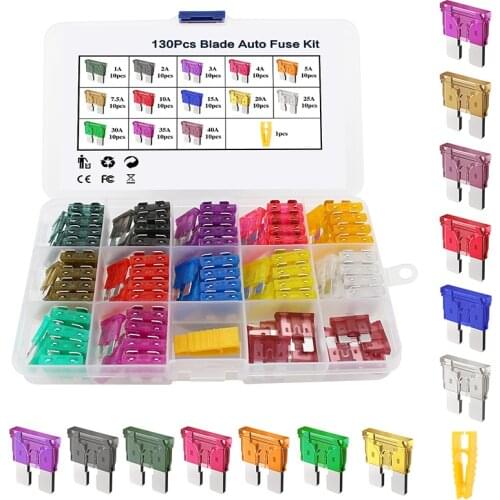 Car Fuse Medium-Blade-Fuse Assortment Kit 130pcs 1A 2A 3A 4A 5A 7.5A 10A 15A 20A 25A 30A 35A 40A Automotive Fuse Assortment