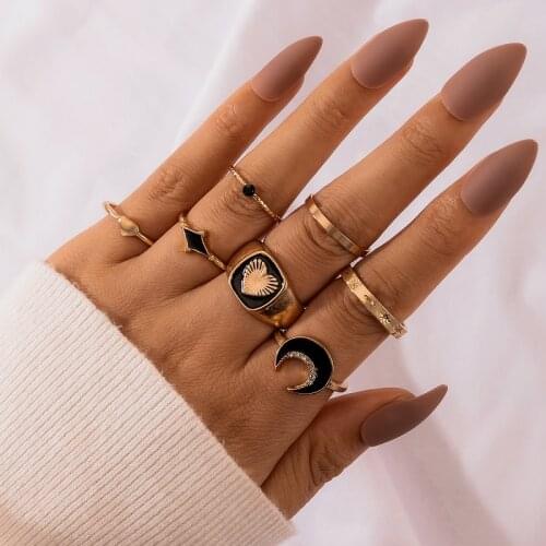 HuanTang 7pcs Vintage Crescent Heart Knuckle Rings Set for Women Boho Geometric Enamel Moon Finger Ring Female Jewelry Anillos