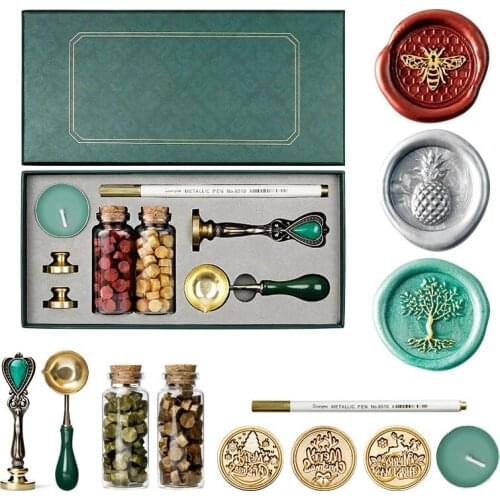 Retro Wax Seal Set Detachable Spoon Stamp Set Box Sealing Wax Beads Candle Craft Replace Copper Head Wedding Packaging Gifts