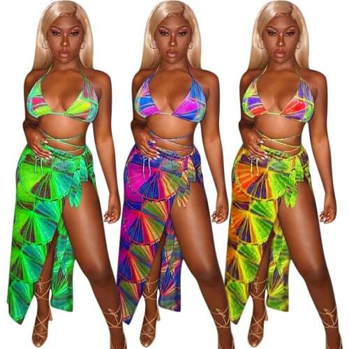 Summer New Bikini Three-Piece Print Beach Suit Swimming Sportswear