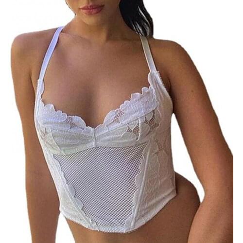 70% Hot Sell Camisole Lace Patchwork Spaghetti Straps Vest Sexy Women Mesh Cropped Tanks Top for Summer