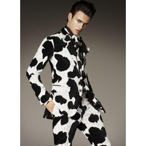 Fashion Star style Milk Cow Pattern printed Slim Suits Costumes Nightclub Male DJ singer Stage dress Party Show Dance Dress
