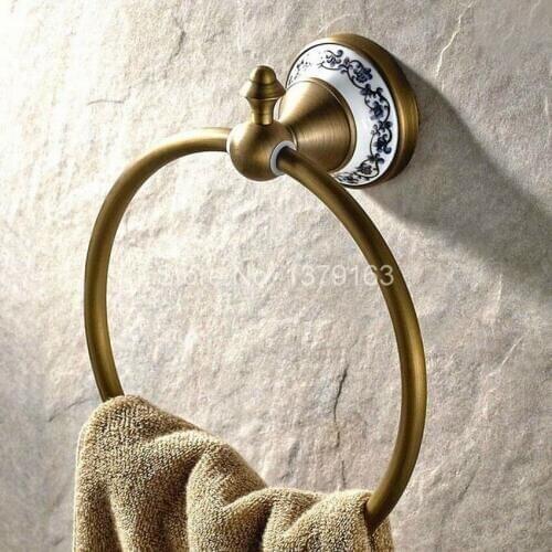 NEW Bathroom Accessory Wall Mounted Antique Brass Bronze Ceramic Flower Pattern Towel Ring Towel Rack Holder aba401