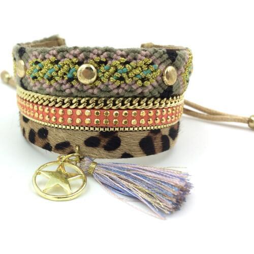 2015 New Leopard European Jewelry Suppliers leather Bangle wrap bracelet Horsehair punk crystal bracelet for women girl