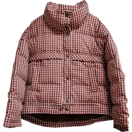 New down jacket 2020 female white duck down short fashion winter retro plaid jacket stand collar trend 90% Patch Designs