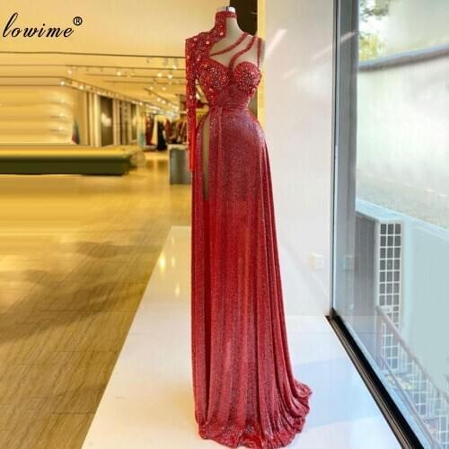 2021 New Elegant Red Cocktail Dresses For Woman One Shoulder Sequins Flowers Prom Party Dresses Evening Wear Turkish Couture