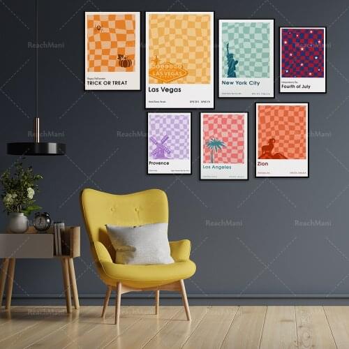 Popular canvas pattern wave art prints, plants, flower posters, New York, Los Angeles, California, USA, Bohemian checkered wave