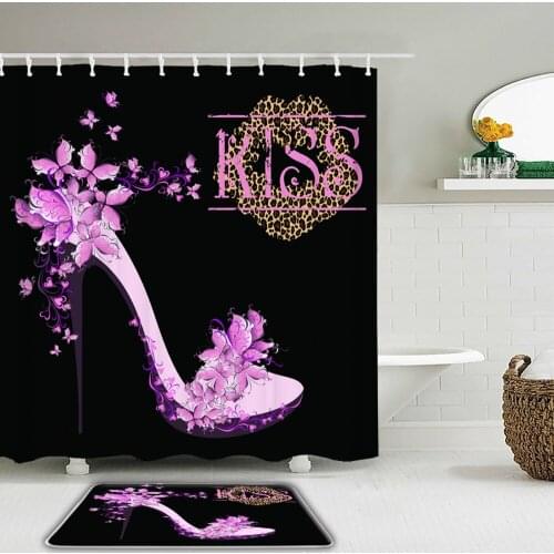 Love kiss Romantic Rose Butterfly High Heels Woman Shower Curtain Set Non-Slip Mat Toilet Bath Mat Waterproof Bathroom Curtains