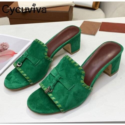 Open Toe Summer Kid suede Chunky heel Slippers Women candy color tassel metal lock mules flip flops Slippers Shoes Women 2021